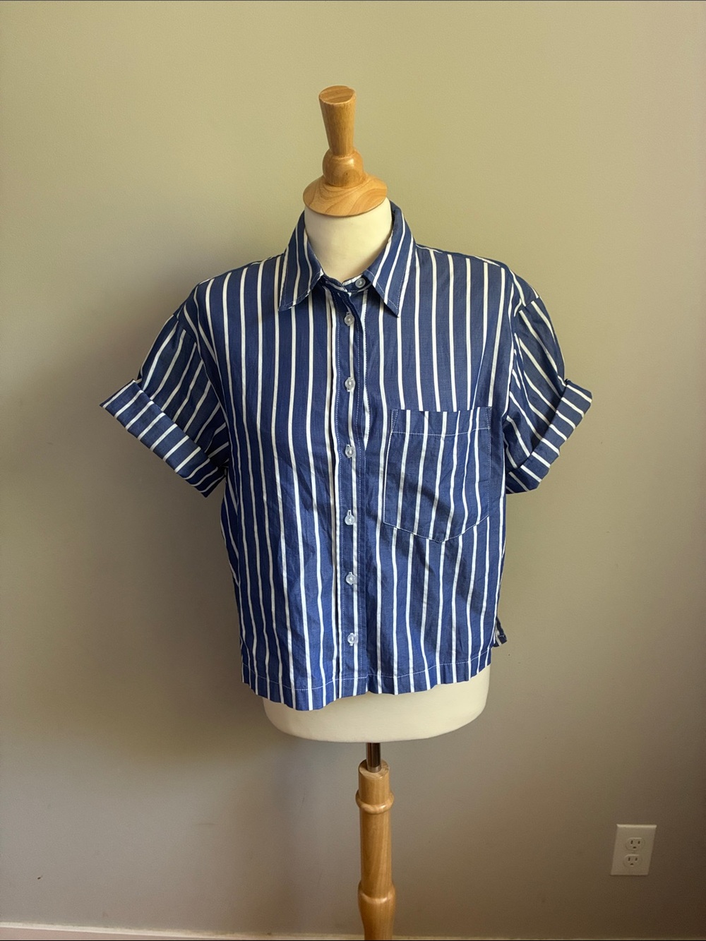 Mango Blue and White Vertical Stripe Button-Up Shirt